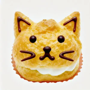 猫の顔をかたどったシュークリーム、チョコで描かれた目とひげがキュート Cream puff shaped like a cat face, with chocolate-drawn eyes and whiskers adding cuteness