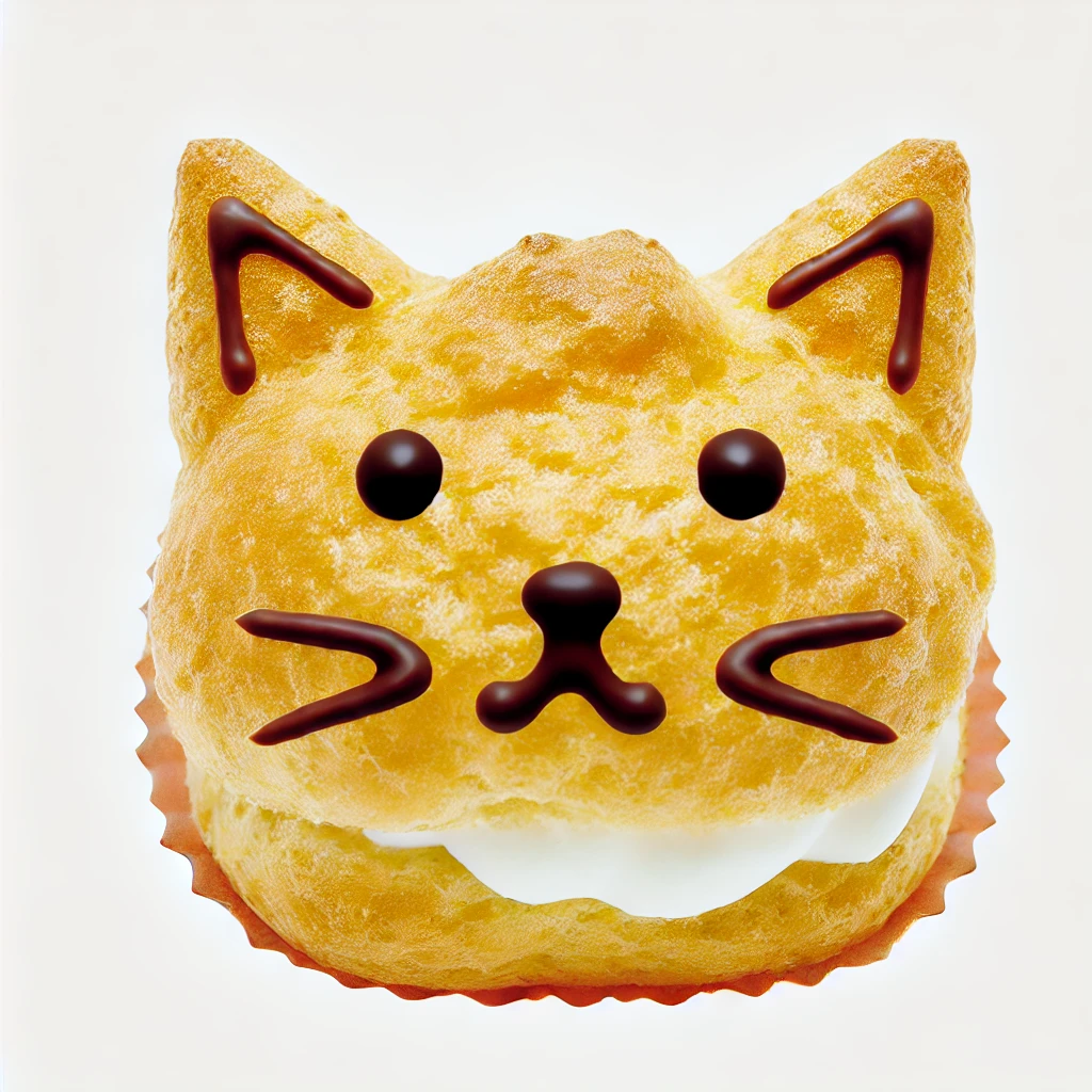 猫の顔をかたどったシュークリーム、チョコで描かれた目とひげがキュート Cream puff shaped like a cat face, with chocolate-drawn eyes and whiskers adding cuteness
