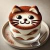 猫の顔が描かれたガラスカップのティラミス、ココアパウダーの模様が美しい Tiramisu in a glass cup with a cat face design, featuring beautifully dusted cocoa patterns