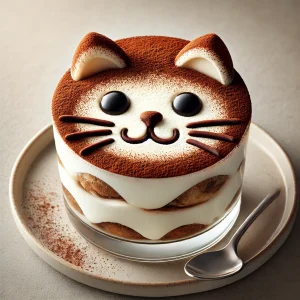 猫の顔が描かれたガラスカップのティラミス、ココアパウダーの模様が美しい Tiramisu in a glass cup with a cat face design, featuring beautifully dusted cocoa patterns