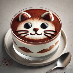 丸い器に盛られた猫の顔ティラミス、耳やひげまで繊細に表現された一品 Cat face tiramisu served in a round bowl, delicately decorated with ears and whiskers