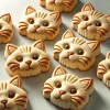 表情豊かな猫の顔ビスケットが整然と並ぶ、焼き色も可愛らしい仕上がり Neatly arranged cat face biscuits with expressive details and adorable golden browning