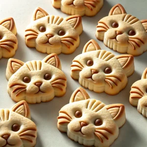 表情豊かな猫の顔ビスケットが整然と並ぶ、焼き色も可愛らしい仕上がり Neatly arranged cat face biscuits with expressive details and adorable golden browning