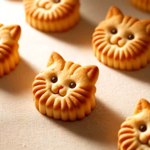 丸い縁取りの猫型ビスケットがランダムに並ぶ、愛らしい表情が目を引く Round-edged cat-shaped biscuits arranged casually, drawing attention with their sweet expressions