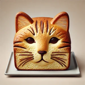 焼き色が美しい猫の顔型パウンドケーキ、チョコで描かれた模様が精巧 Cat face pound cake with a rich golden brown finish and detailed chocolate decorations