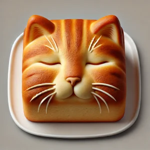 目を閉じて微笑むような猫の顔パウンドケーキ、ふんわりとした優しい雰囲気 Cat face pound cake with closed eyes and a gentle smile, evoking a soft and warm feeling