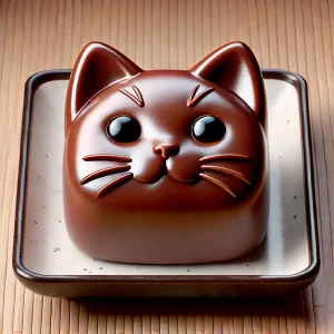 竹製のランチョンマットに載せられた猫型羊羹、艶と造形の美しさが際立つ Cat-shaped yokan served on bamboo matting, showcasing elegant shine and detailed form