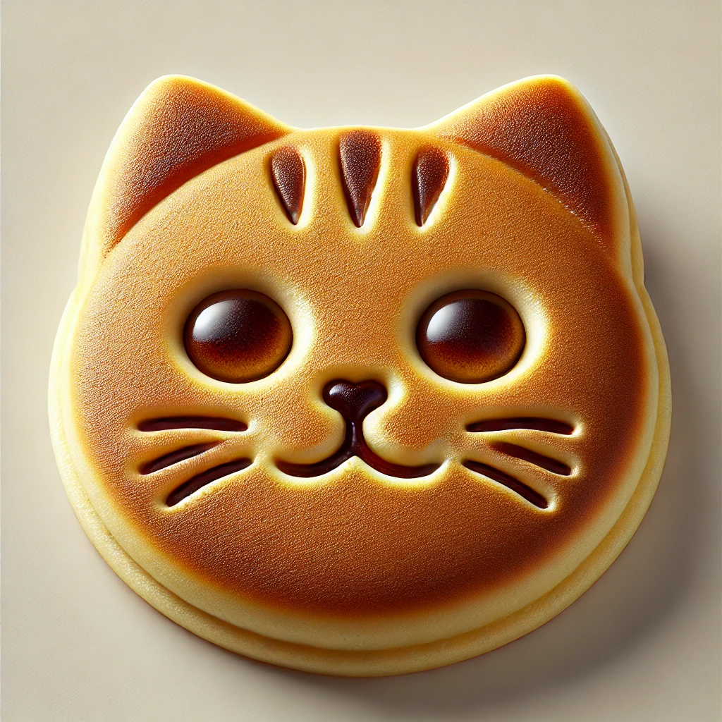 ふっくら焼き上がった猫の顔どら焼き、まんまるな瞳と愛らしいひげ模様が特徴 Fluffy cat face dorayaki with round eyes and charming whisker details