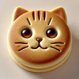 こんがりと焼けた猫の顔どら焼き、優しい表情とシンプルな造形が魅力 Golden-brown cat face dorayaki with a gentle expression and simple, appealing shape