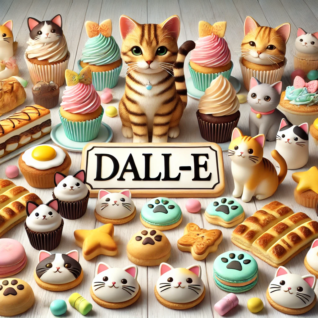 猫とスイーツが並ぶファンタジックな世界、中央に三毛猫が座るかわいらしい構図 A whimsical scene with cats and sweets, featuring a calico cat sitting at the center