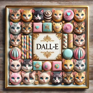 カラフルな猫の顔とスイーツが額縁のように並ぶアート風デザイン、中央にDALL·Eのロゴ
An artistic design featuring colorful cat faces and sweets arranged like a frame, with the DALL·E logo in the center