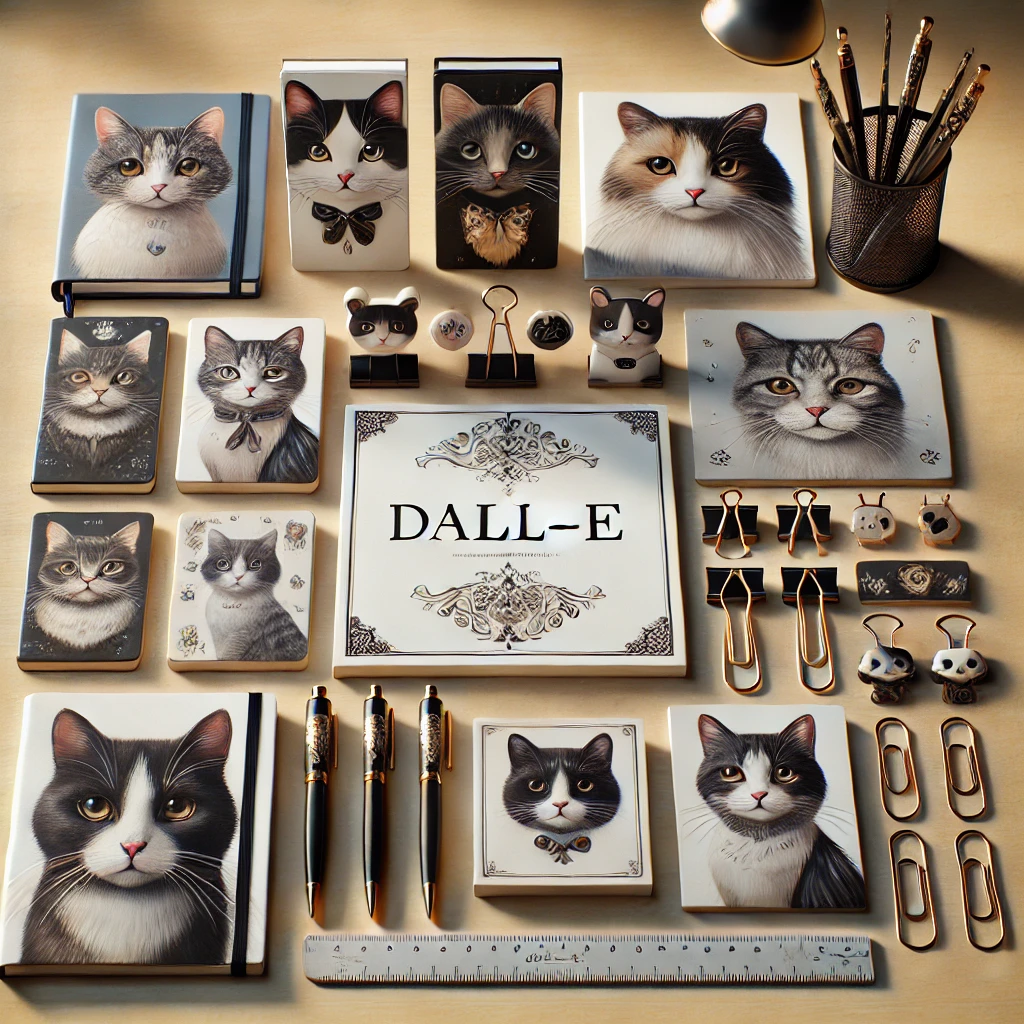 この画像には、さまざまな猫をモチーフにした文房具が美しく並べられています。猫好きのためにデザインされたアイテムが揃っており、デスク上に広がる整然とした風景です。以下に詳しく説明します。 画像の概要 テーマ：猫をモチーフにしたデスク周りの文房具セット。 背景：明るい木製のデスクの上に、猫のイラストが施されたアイテムがきれいに並んでいる。 雰囲気：落ち着いた色合いと優雅なデザインが特徴的。猫のかわいらしさと上品さが際立っている。 アイテムの特徴と配置 ノートやメモ帳 猫の顔が大きく描かれたデザインが多数見られる。 左上には、灰色や白黒の猫が描かれた表紙のノート。 中央下には小型のメモ帳が複数あり、黒い猫やふわふわの猫のイラストが施されている。 表紙にはリアルな毛並みの描写があり、まるで本物の猫の写真のような質感。 ペン類 2本の高級感のあるペンが中央下に並べられている。 ペンの軸には猫のイラストや猫の足跡が刻まれ、装飾的なデザインが特徴的。 クリップやバインダー 猫型のクリップが右下と中央に複数配置されている。 小さな猫の顔が付いたクリップがあり、実用的かつかわいらしいデザイン。 金属製のクリップやバインダーには、黒と金の高級感のある装飾。 付箋やメモパッド 猫の顔型の付箋が中央に置かれ、1つ1つ異なる猫の表情が楽しめる。 四角いメモパッドには、柔らかい色調と猫のイラストが描かれている。 定規 下部にはシンプルな定規が配置され、明確な目盛りが刻まれている。 定規自体は落ち着いたデザインで、実用的な印象。 ペン立て 左上には金属製のペン立てがあり、たくさんのペンや鉛筆が入っている。 ペン立てには木製のデスクと調和する自然な色合い。 小物類 右側には、猫の顔がデザインされた小さなオブジェや小物が複数見える。 中には猫の耳が付いた小さな置物や飾りもあり、かわいらしいアクセントとなっている。 中央の額縁（DALL·E表記） 中央には額縁のようなデザインのプレートが置かれ、「DALL·E」と書かれている。 周囲には繊細な装飾が施され、アート作品のようにデスクの中心を飾っている。 全体の印象 これらの文房具は猫好きな人にとって、使うたびに癒しを与えるアイテムです。 実用的でありながら、細部までこだわった美しいデザインが特徴。 猫の優雅さと遊び心が融合し、デスクの上をおしゃれで楽しい空間にしています。 この画像は、日常使いの文房具が猫の愛らしいデザインで飾られた、特別なコレクションであることを伝えています。