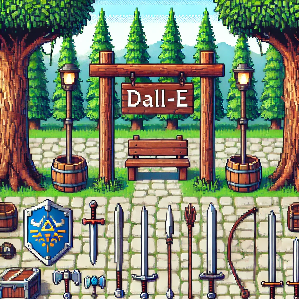 この画像は、クラシックなRPG（ロールプレイングゲーム）スタイルのピクセルアートで、以下の特徴があります： 背景の説明 森の中の穏やかな道が舞台です。 背景には緑豊かな木々と遠くの山々が描かれています。 石畳の道が中央にあり、木製の看板には「DALL-E」と書かれています。 看板の下には木製のベンチが設置されており、周囲には樽や街灯が配置されています。 武器の説明 画像の下部には、さまざまな武器や装備品が描かれています。以下のアイテムが見受けられます： 剣（短剣や長剣を含む）：複数の種類があり、それぞれデザインが異なります。 盾：青い盾に金色の紋章が描かれたもの。 槍：木製の柄に鋭い先端がついたもの。 メイス：金属製の先端が付いた鈍器。 弓：弓矢のセットが含まれています。 その他のアイテム：宝箱、小さな樽、ハンマーなどのアイテムも見られます。 全体的な印象 この画像は、レトロなゲームの村や休息スポットを連想させるデザインで、ファンタジーの世界観が強調されています。さまざまな武器やアイテムが整然と配置されており、冒険や戦闘の準備をする場面を表現しています。