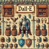 この画像は、中世ファンタジーの雰囲気を持つ、ゲームの装備品展示やショップのような設定を描いたものです。目の不自由な方に分かりやすく説明するために、以下のように整理してお伝えします。 全体の状況 画像の中央には、銀色の重装甲の騎士のマネキンが立っており、周囲にはさまざまな防具や武器が並べられています。 背景は明るいベージュ色のタイルで、壁には木製の棚や装備が掛けられています。 棚の上には「Dall-E」と書かれた木の看板があり、画像全体が道具屋や装備店のような雰囲気を醸し出しています。 描かれている防具の詳細 ヘルメット 騎士の頭部を保護するための銀色のヘルメットが複数並べられています。 フルフェイス型や開閉式のバイザー付きなど、デザインが多様です。 胸当て（アーマー） 胸部を守る金属製の防具が数点並んでいます。 一部には、鎖帷子（くさりかたびら）も組み込まれています。 盾 青や茶色などのカラーリングが施された盾が多数描かれています。 太陽や十字などのシンボルが描かれたものがあり、防御だけでなく騎士の象徴的な意味合いを持っています。 武器 長剣が数本描かれており、取っ手や刃が細かく装飾されています。 中には騎士用の両手剣も含まれているようです。 その他の小物 角飾り（バイキングの兜を思わせるもの）や金属製の手袋（ガントレット）が壁や棚に配置されています。 木製の樽や箱が散らばっており、装備を保管するための容器が描かれています。 店舗の雰囲気 画像全体は、中世ヨーロッパを思わせる温かみのある木と石の内装で、明るい光が差し込んでいるようなイメージです。 並べられた装備が丁寧に展示されており、訪れる冒険者が装備を選ぶシーンが想像されます。 この画像は、防具や武器に焦点を当てたもので、ファンタジーの世界での冒険の準備をするための場面を表現しています。
