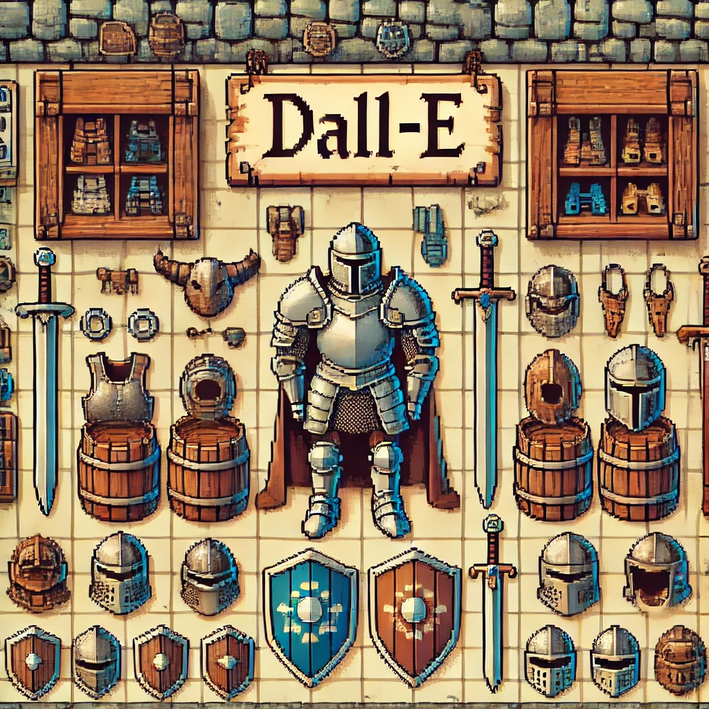 この画像は、中世ファンタジーの雰囲気を持つ、ゲームの装備品展示やショップのような設定を描いたものです。目の不自由な方に分かりやすく説明するために、以下のように整理してお伝えします。 全体の状況 画像の中央には、銀色の重装甲の騎士のマネキンが立っており、周囲にはさまざまな防具や武器が並べられています。 背景は明るいベージュ色のタイルで、壁には木製の棚や装備が掛けられています。 棚の上には「Dall-E」と書かれた木の看板があり、画像全体が道具屋や装備店のような雰囲気を醸し出しています。 描かれている防具の詳細 ヘルメット 騎士の頭部を保護するための銀色のヘルメットが複数並べられています。 フルフェイス型や開閉式のバイザー付きなど、デザインが多様です。 胸当て（アーマー） 胸部を守る金属製の防具が数点並んでいます。 一部には、鎖帷子（くさりかたびら）も組み込まれています。 盾 青や茶色などのカラーリングが施された盾が多数描かれています。 太陽や十字などのシンボルが描かれたものがあり、防御だけでなく騎士の象徴的な意味合いを持っています。 武器 長剣が数本描かれており、取っ手や刃が細かく装飾されています。 中には騎士用の両手剣も含まれているようです。 その他の小物 角飾り（バイキングの兜を思わせるもの）や金属製の手袋（ガントレット）が壁や棚に配置されています。 木製の樽や箱が散らばっており、装備を保管するための容器が描かれています。 店舗の雰囲気 画像全体は、中世ヨーロッパを思わせる温かみのある木と石の内装で、明るい光が差し込んでいるようなイメージです。 並べられた装備が丁寧に展示されており、訪れる冒険者が装備を選ぶシーンが想像されます。 この画像は、防具や武器に焦点を当てたもので、ファンタジーの世界での冒険の準備をするための場面を表現しています。