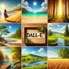 この画像は、9つの異なる夏の風景をまとめたコラージュ画像です。それぞれの場面を視覚障害のある方にも伝わるよう、わかりやすく説明します。 左上： 海岸を歩く女性が描かれています。 黄金色の砂浜が広がり、太陽が明るく輝いています。 遠くには緑の丘が見えます。 中央上： 青く澄んだ空の下、透明な海が広がる静かなビーチ。 波が穏やかで、白い砂浜が際立っています。 右上： 木々が立ち並ぶ美しい森の中の風景。 太陽の光が木々の間から差し込み、地面を明るく照らしています。 左中央： 川がゆったりと流れる山間の風景。 松の木と緑豊かな山が背景にあり、静けさを感じさせます。 中央： 木製のフレームに「DALL-E」と書かれたデザイン。 フレームには植物が飾られ、自然の雰囲気を演出しています。 右中央： ボートが浮かぶ小川と緑の草原。 空は青く、白い雲が浮かんでいます。 左下： 滝のある川沿いの風景。 小さな木製の桟橋があり、背景には木々が茂っています。 中央下： 緩やかな丘陵地帯の風景。 緑豊かな草地が広がり、空が明るく青い。 右下： 黄金色の麦畑が広がる風景。 一本の大きな木が立ち、夏らしい雰囲気を醸し出しています。 全体として、この画像は夏の自然の多様な美しさを伝えています。海、山、川、森、田園風景といった異なるシーンが調和し、それぞれが夏の温かさや爽やかさを感じさせます。