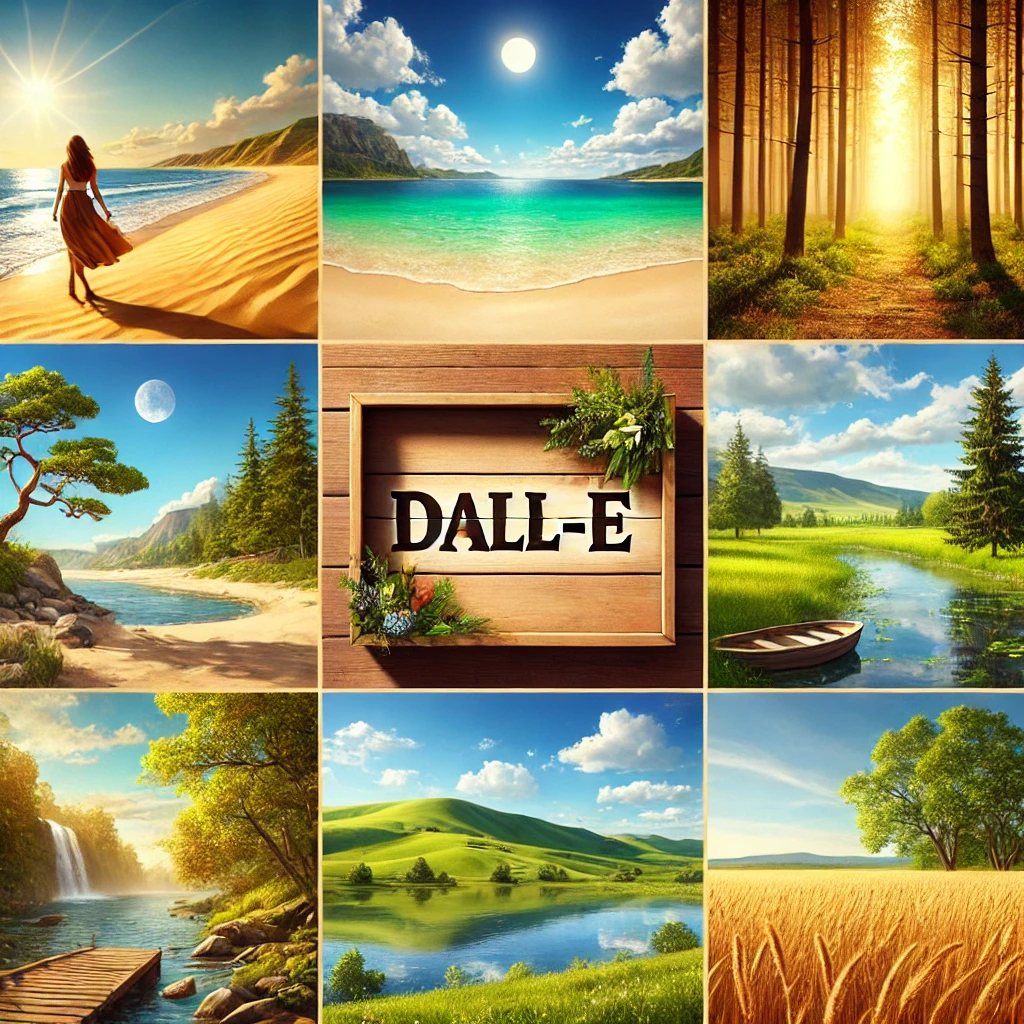 この画像は、9つの異なる夏の風景をまとめたコラージュ画像です。それぞれの場面を視覚障害のある方にも伝わるよう、わかりやすく説明します。 左上： 海岸を歩く女性が描かれています。 黄金色の砂浜が広がり、太陽が明るく輝いています。 遠くには緑の丘が見えます。 中央上： 青く澄んだ空の下、透明な海が広がる静かなビーチ。 波が穏やかで、白い砂浜が際立っています。 右上： 木々が立ち並ぶ美しい森の中の風景。 太陽の光が木々の間から差し込み、地面を明るく照らしています。 左中央： 川がゆったりと流れる山間の風景。 松の木と緑豊かな山が背景にあり、静けさを感じさせます。 中央： 木製のフレームに「DALL-E」と書かれたデザイン。 フレームには植物が飾られ、自然の雰囲気を演出しています。 右中央： ボートが浮かぶ小川と緑の草原。 空は青く、白い雲が浮かんでいます。 左下： 滝のある川沿いの風景。 小さな木製の桟橋があり、背景には木々が茂っています。 中央下： 緩やかな丘陵地帯の風景。 緑豊かな草地が広がり、空が明るく青い。 右下： 黄金色の麦畑が広がる風景。 一本の大きな木が立ち、夏らしい雰囲気を醸し出しています。 全体として、この画像は夏の自然の多様な美しさを伝えています。海、山、川、森、田園風景といった異なるシーンが調和し、それぞれが夏の温かさや爽やかさを感じさせます。