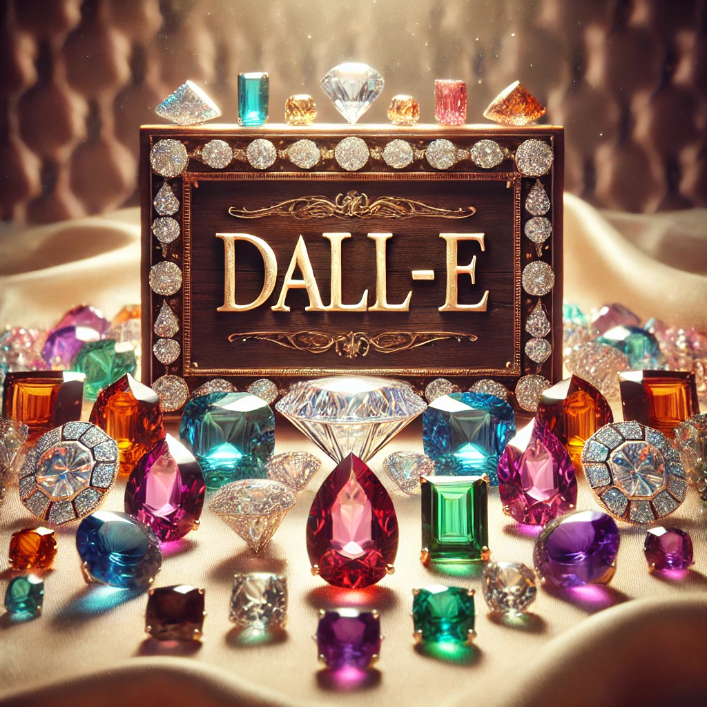 この画像は、さまざまな宝石が豪華に並べられたシーンを描いています。中央には**「DALL-E」と刻まれた豪華な木製のプレート**があり、その周囲を色とりどりの宝石が取り囲んでいます。 詳細な描写 中央のプレート プレートは高級感のある木製で、表面には繊細な装飾が施されています。 文字は**「DALL-E」**と大きく彫られ、金色に輝いています。 プレートの周囲には、ダイヤモンドのような透明な宝石が連なって装飾されています。 周囲の宝石 色とりどりの宝石がちりばめられ、ゴージャスな雰囲気を演出。 赤・青・緑・紫・オレンジ・透明など、さまざまな色の宝石が輝いています。 カットの種類も多様で、丸形・四角形・涙型・六角形などがあります。 いくつかの宝石は指輪やアクセサリーにセットされ、細かい装飾が施されています。 背景と雰囲気 背景は柔らかいシルクの布の上に宝石が散りばめられているような雰囲気。 温かみのある金色の光が全体を照らし、宝石がより美しく輝いて見えます。 背景には、豪華なインテリアのような質感があり、宝石がまるで王室の財宝のように感じられます。 伝えたい印象 まるで宝石の宝庫を覗いているような、きらびやかで豪華なシーン。 光が反射し、宝石がまばゆく輝く美しい幻想的な世界。 宝石の形や色、テクスチャの違いが際立ち、視覚だけでなく触覚的な魅力も感じられる。 この画像は、まさに「贅沢な宝石の祭典」とも言えるほど、さまざまな美しい宝石が集められたシーンです。