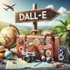 旅行をテーマにしたレトロなオブジェが並ぶDALL·Eのイメージ、スーツケース、地球儀、カメラ、飛行機などが描かれている Retro travel-themed DALL·E image featuring a suitcase, globe, cameras, and an airplane overhead