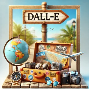 トロピカルな海辺の風景を背景に、DALL·Eの看板と旅行アイテムが並ぶ楽しい旅のイメージ
Playful travel-themed DALL·E image with tropical beach background, suitcase, globe, and travel accessories