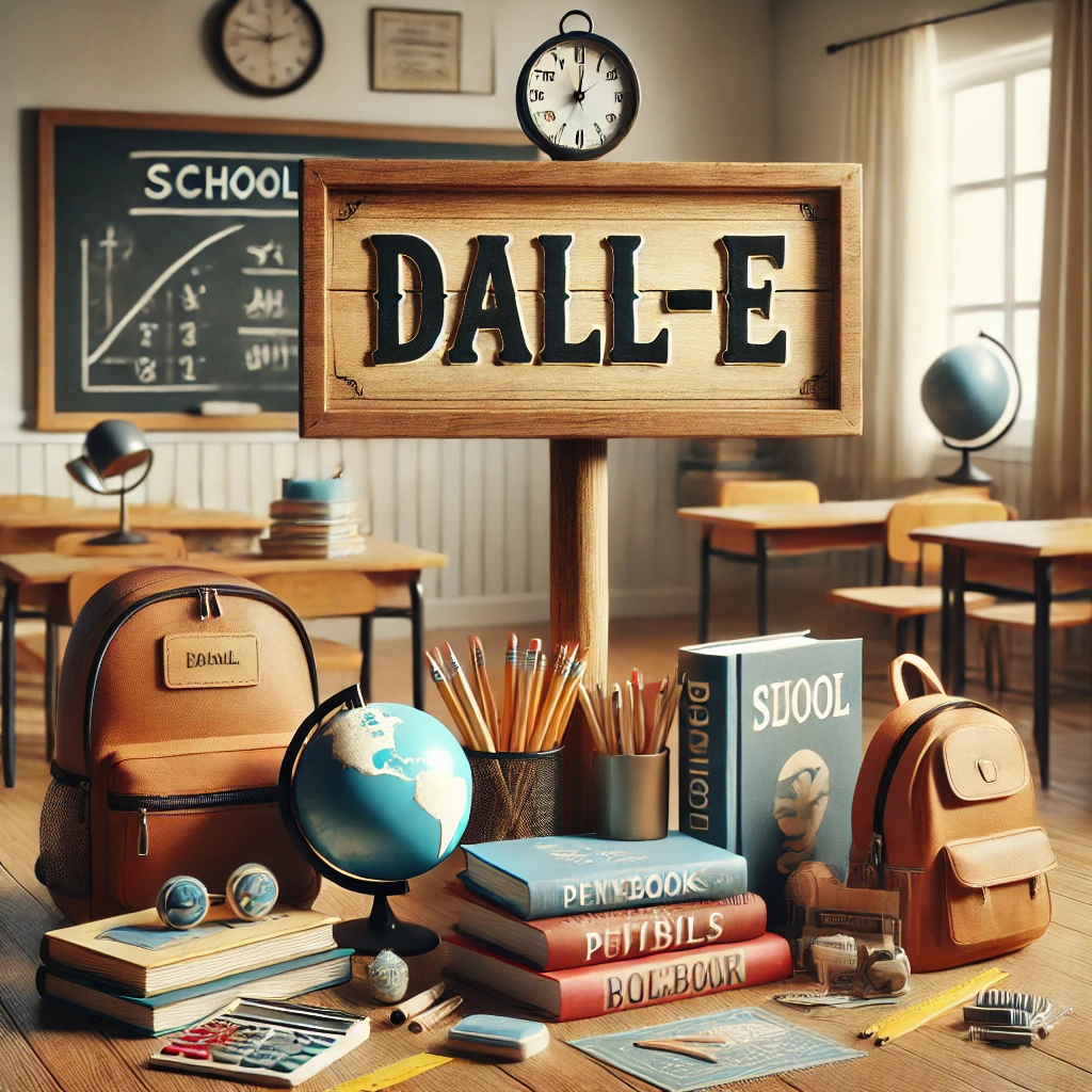 この画像は、学校に関連するさまざまなアイテムが整然と並べられた教室の風景をリアルに描写しています。 画像の説明（視覚的情報の補足） 中央の木製看板 画像の中央には、「DALL-E」と彫られた木製の看板があり、存在感を放っています。看板の上にはクラシックなデザインの時計が載っています。 文房具と学習道具 看板の周りには、鉛筆、消しゴム、定規、ノート、本など、学習に必要な文房具が整然と並んでいます。鉛筆はカップに詰められており、本は積み重ねられています。 地球儀とメガネ 青と白の地球儀が配置されており、隣にはメガネが置かれています。これは学習や知識を象徴するアイテムです。 バックパック（リュック） 画像の左側と右側には、それぞれブラウン系のバックパックが置かれており、学生が持ち歩くアイテムを表しています。 教室の背景 背景には、黒板があり「SCHOOL」と書かれています。黒板には数学のグラフや計算式が描かれています。机と椅子が並べられ、クラシックな学校の雰囲気が演出されています。さらに、窓から自然光が差し込んでおり、温かみのある環境が表現されています。 細かいディテール ペンやノートの配置、木製デスクの質感、背景のカーテン、温かみのある色合いなどがリアルに表現されています。 この画像は、学校の学習環境を象徴するアイテムが整然と配置されたシーンであり、懐かしさや温かみを感じる教室の雰囲気が表現されています。