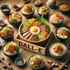 この画像には、さまざまな種類の 日本の丼（どんぶり）料理 が木のテーブルに並べられています。中央には大きな木製の器があり、「DALL-E」と書かれた木のプレートが置かれています。この器の中には、ご飯の上に豪華な具材が美しく盛り付けられた特製丼 があります。 中央の丼の特徴 メインの具材 厚切りのカツ（トンカツやビーフカツのような揚げ物） ローストビーフのような焼いた肉のスライス マグロやサーモンの刺身 目玉焼き（黄身が鮮やかで半熟） ゆで卵のスライス ブロッコリーや葉野菜、キュウリのスライス 大豆やナッツ類 この丼は、さまざまな食感や味わいを楽しめる、豪華なアレンジ丼になっています。 周囲の丼料理 中央の器の周りには、小さな どんぶり が並んでいます。それぞれ異なる料理が盛り付けられています。 サーモンや炙り魚の刺身丼 ご飯の上に、新鮮なサーモンや炙った魚が並べられ、ライムや薬味が添えられています。 うなぎ丼 香ばしく焼かれたうなぎの蒲焼がご飯の上に乗り、半熟のゆで卵が添えられています。 カツ丼（揚げ物のどんぶり） サクサクの揚げ物（カツや唐揚げ）がのった丼がいくつかあります。 ネギや細切りの野菜がトッピングされ、甘辛いタレがかかっています。 煮物丼や和風丼 煮込んだ具材（大根や豆腐、肉など）がご飯の上に乗り、和風の味付けがされているものもあります。 全体の雰囲気 木製のテーブルの上に、陶器の器や木の器 に入ったどんぶり料理が並んでおり、日本の伝統的な食文化を感じさせる シンプルで温かみのある雰囲気です。 箸や小鉢 も置かれており、醤油やごまなどの調味料も一緒に配置されています。 どんぶりの種類が多く、それぞれに 彩り豊かな具材 がのっていて、視覚的にも美しく、食欲をそそる盛り付けです。 この画像は、日本の丼料理の多様性と美しさを伝える、贅沢な食卓の風景を表現しています。