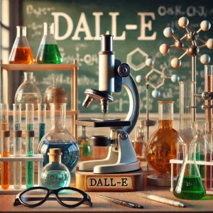 黒板に「DALL·E」と書かれた理科教室で、顕微鏡と色とりどりのフラスコが並ぶ実験風景
A science lab scene with a microscope and colorful flasks in front of a chalkboard labeled "DALL·E"