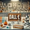 近未来的な理科実験室に並ぶ試験管や顕微鏡、中央に「DALL·E」の看板 A futuristic science lab with test tubes, microscope, and a central sign reading “DALL·E”