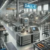 近未来的な工場内部にDALL·Eの看板が掲げられ、精密機械や工具が整然と並ぶハイテク製造現場のイメージ High-tech factory interior with a DALL·E sign, showcasing precision machines, tools, and industrial workstations