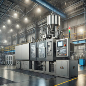 高天井空間に配置された全自動の射出成形機ライン
Fully automated injection molding machine line in a high-ceiling industrial space