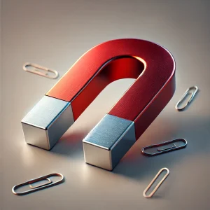 複数のクリップを引き寄せた赤いU字磁石が斜めに置かれ、金属の質感が際立つ構図 A red U-shaped magnet placed at an angle, attracting several paper clips with a focus on metallic texture