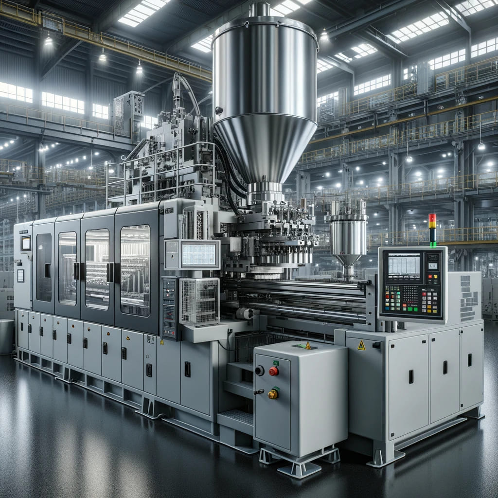 近代的な工場内に設置された大型の射出成形機 A large injection molding machine installed in a modern factory