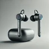 充電ケースに浮かぶように配置された、スタイリッシュなワイヤレスイヤホン Stylish wireless earphones suspended above a charging case