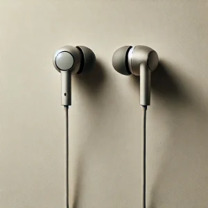 壁にかけられたシンプルで洗練されたデザインの有線イヤホン
Sleek and minimalist wired earphones hanging against a textured wall