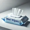 ティッシュが取り出された状態のウェットティッシュパック A wet wipes pack with a tissue partially pulled out