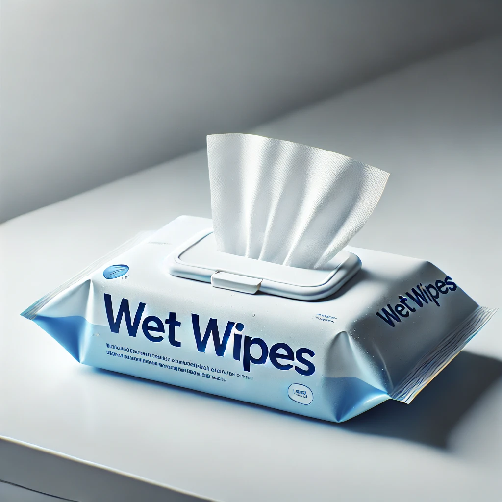 ティッシュが取り出された状態のウェットティッシュパック A wet wipes pack with a tissue partially pulled out