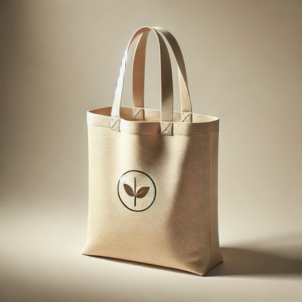 シンプルな植物ロゴが印刷されたナチュラルカラーのエコバッグ A natural-colored reusable bag with a simple plant logo printed on the front