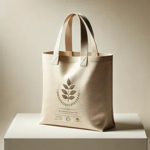 テーブルに置かれた、エコ素材とリサイクルマークが特徴の再利用可能バッグ
A reusable eco-friendly bag with a recycling mark and plant emblem placed on a table