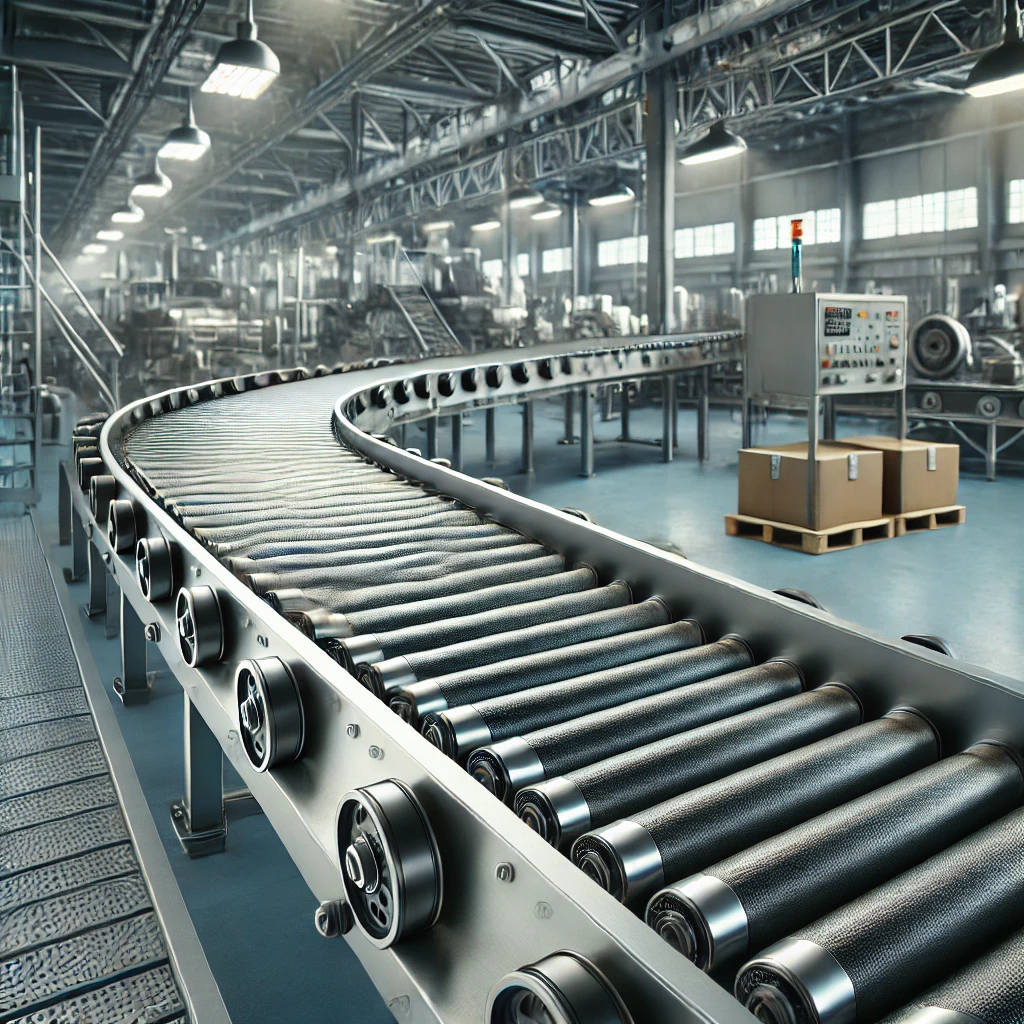 工場の生産ラインを流れる空のコンベアベルト An empty conveyor belt running through a factory production line