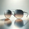 グラデーションレンズとメタルフレームが上品なデザインのサングラス Sunglasses with gradient lenses and elegant metal frames placed on a reflective surface