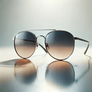 グラデーションレンズとメタルフレームが上品なデザインのサングラス
Sunglasses with gradient lenses and elegant metal frames placed on a reflective surface