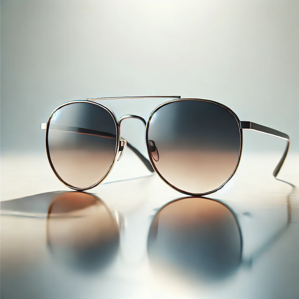 グラデーションレンズとメタルフレームが上品なデザインのサングラス Sunglasses with gradient lenses and elegant metal frames placed on a reflective surface