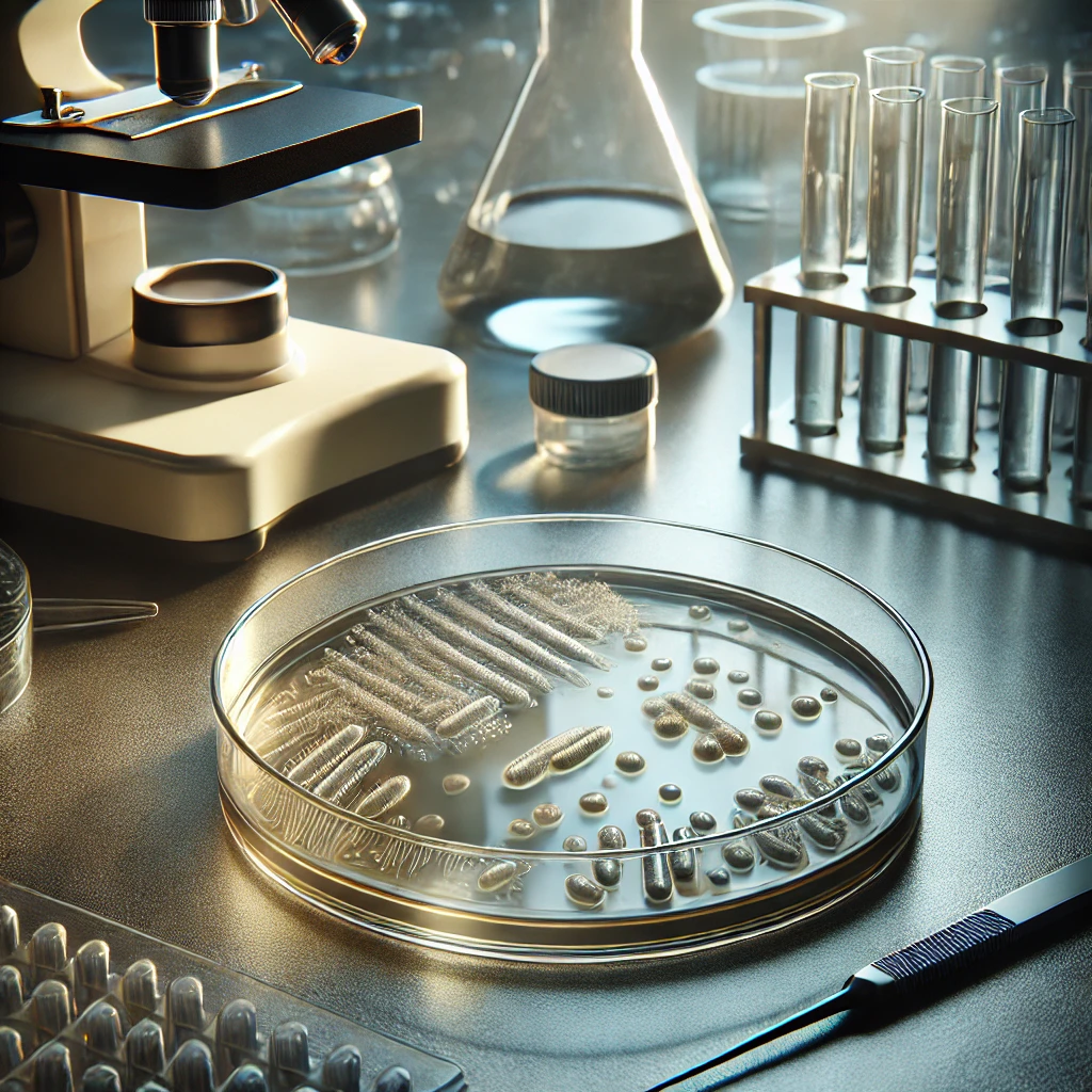 寒天培地に滴下された液体と器具が並ぶシャーレ、背景に試験管や顕微鏡が見える実験風景 A petri dish with droplets on agar medium, surrounded by tools, test tubes, and a microscope in a lab setting