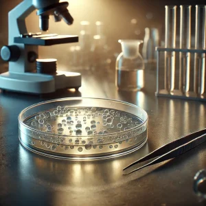 細かな泡が並ぶシャーレがピンセットのそばに置かれ、背後に顕微鏡や薬品瓶が見える A petri dish with clustered bubbles placed near tweezers, with a microscope and reagent bottles in the background