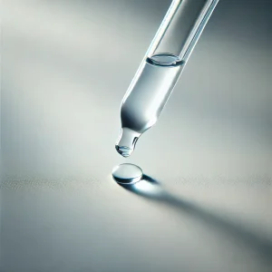 透明なスポイトの先端から液体のしずくが滑らかな表面に落ちる瞬間を捉えたクローズアップ Close-up of a clear eyedropper releasing a droplet onto a smooth surface