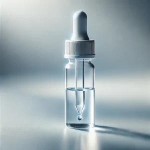 液体入りのスポイトボトルが白い背景の上に立ち、スポイト部分が内部に見えている An eyedropper bottle filled with liquid standing on a white surface, with the dropper visible inside