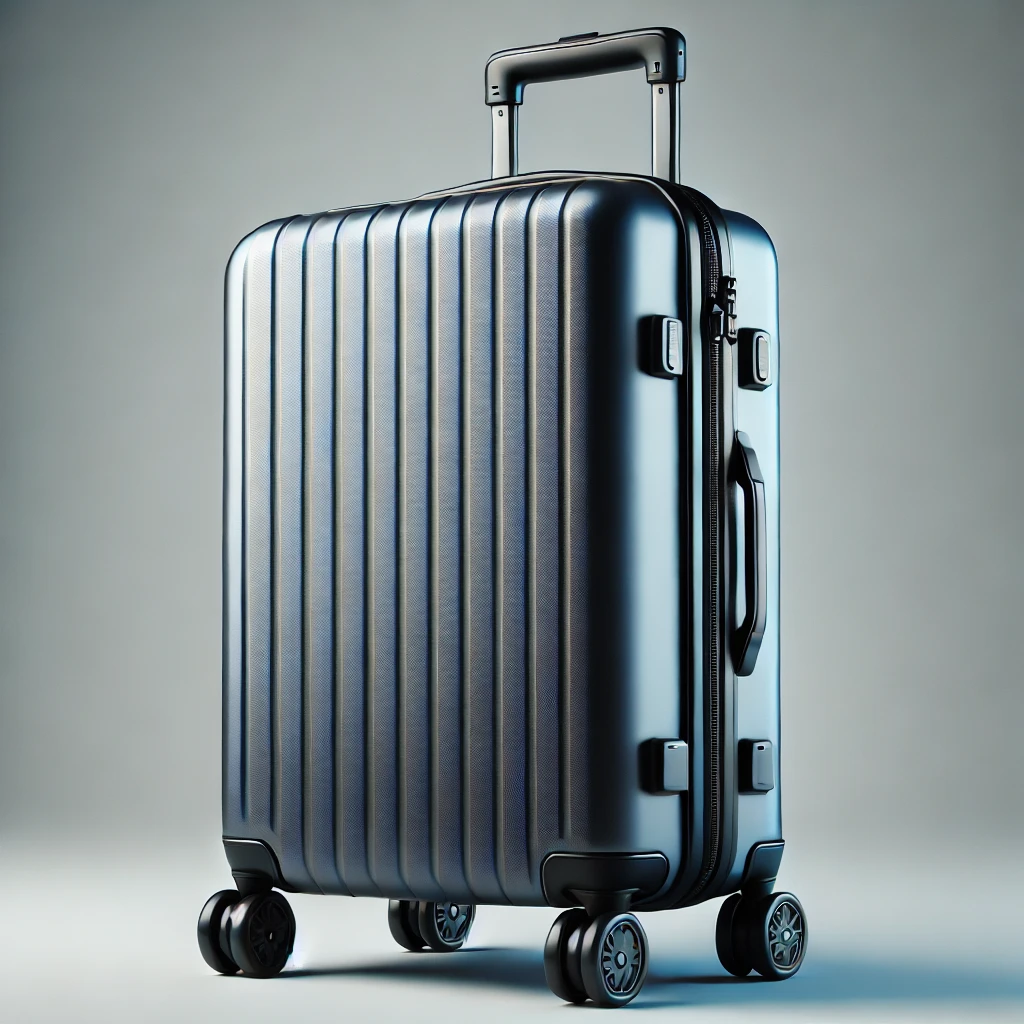 縦のリブデザインが特徴的なメタリック調のハードシェルスーツケース A hard-shell suitcase with vertical ribbed design and metallic finish