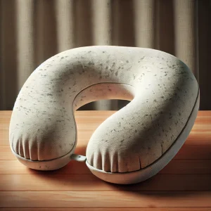 優しいグレートーンと微細な模様が施された快適なネックピロー
A comfortable neck pillow in light gray with subtle pattern detailing