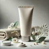 花やタオルに囲まれた、ナチュラルな雰囲気のハンドクリームチューブ A hand cream tube surrounded by flowers and towels in a natural, relaxing setting