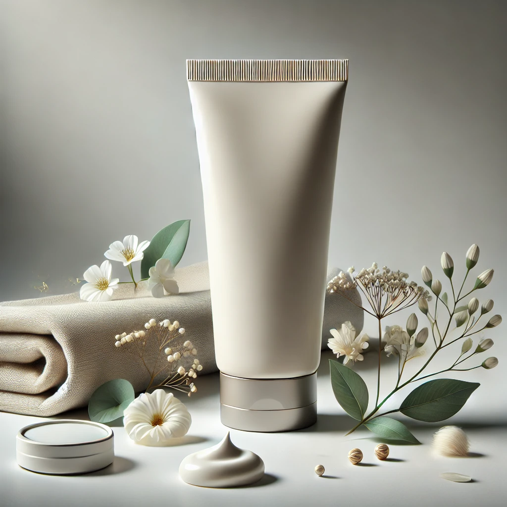 花やタオルに囲まれた、ナチュラルな雰囲気のハンドクリームチューブ A hand cream tube surrounded by flowers and towels in a natural, relaxing setting